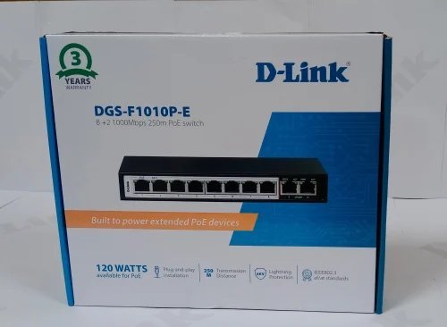 Dlink DGS-F1010P-E 250M 10-Port 1000Mbps Switch with 8 PoE Ports and 2 Uplink Ports - Back View