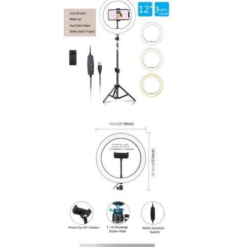12 Inch 30CM Ring Shape LED Beauty With 1 Mobile Phone Clip, 2.1M Tripod For Live Take Photos With USB Port - 12inch - Front View